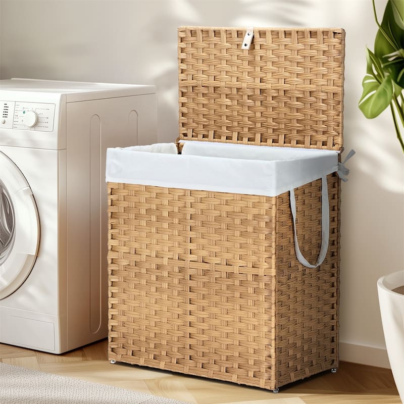 Laundry Hamper with Lid, Synthetic Rattan Clothes Laundry Basket with Lid and Handles, Foldable, Removable Liner - Brown - 110L