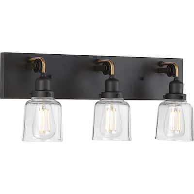Rushton Collection Three-Light Graphite Clear Glass Farmhouse Bath Vanity Light - 24 in x 6 in x 9.5 in