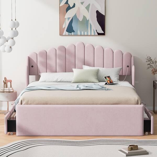 slide 2 of 60, Full Upholstered Platform Bed with Drawers & USB Ports Pink - Queen