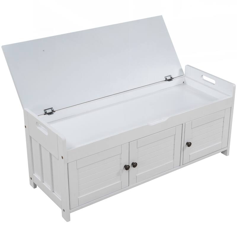 Storage Bench with 3 Shutter-shaped Doors, Shoe Bench with Removable Cushion and Hidden Storage Space