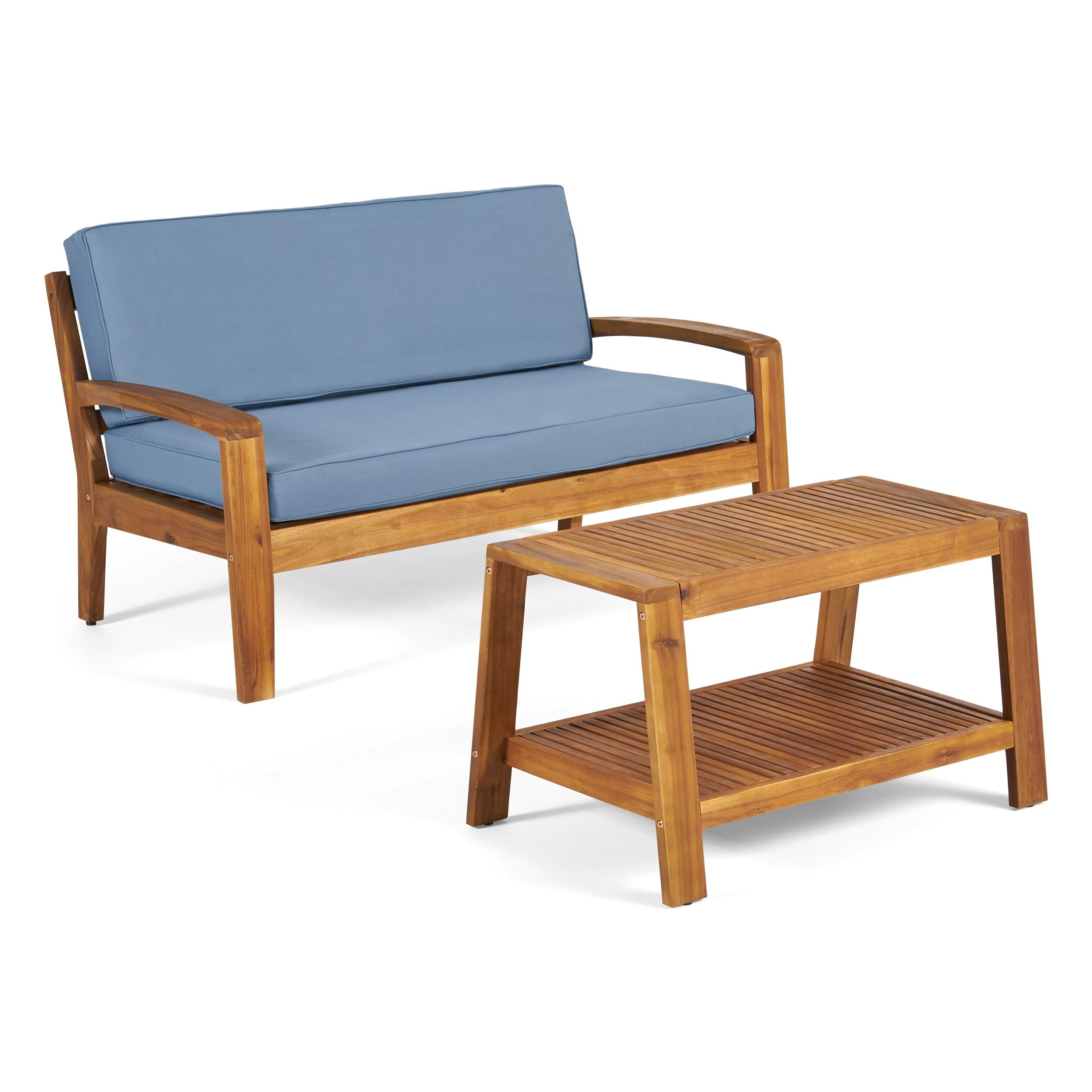 Roomfitters Outdoor Loveseat and Coffee Table Set, Acacia Wood Patio Furniture with Cushions