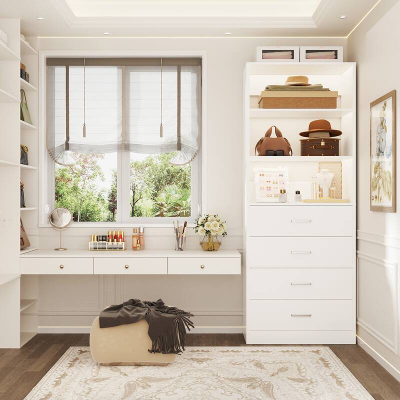 Freestanding Closet Organizer with 4 Drawers and 4 Shelves, Wooden Closet System for Walk-in Closet