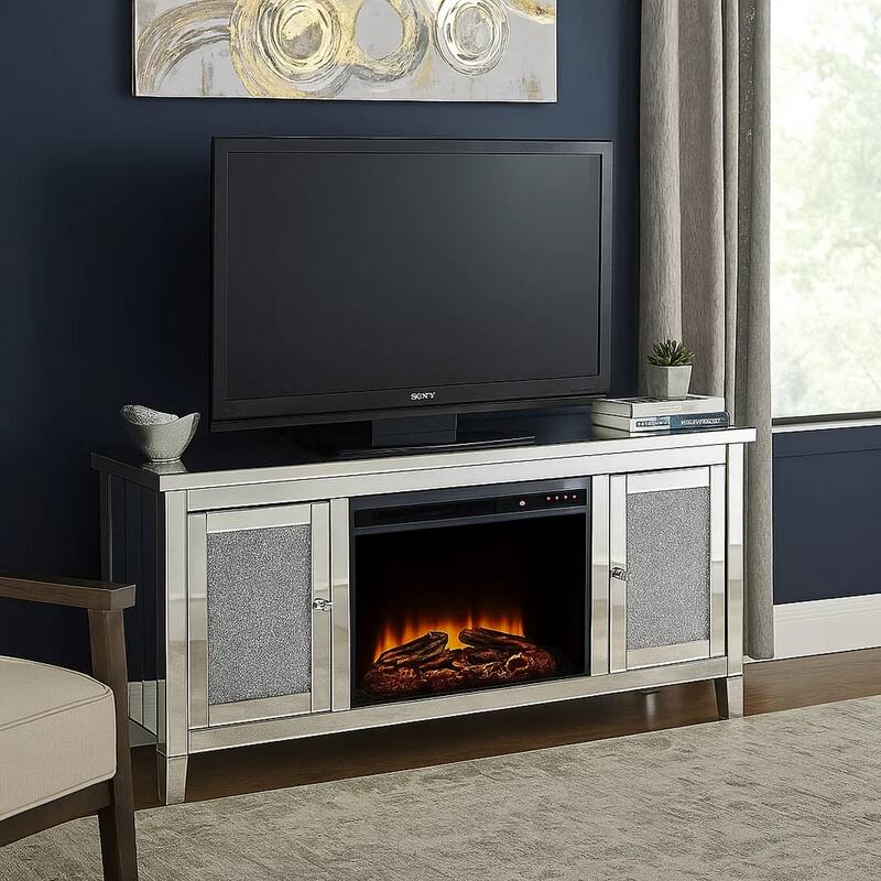TV Stand with Electric Fireplace and Mirror Panel Framing, Silver
