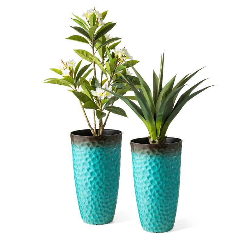 Glitzhome 23.75"H Set of 2 Oversized Eco-Friendly PP and Stone Honeycomb Textured Blue/Green/Red Tall Plastic Planter