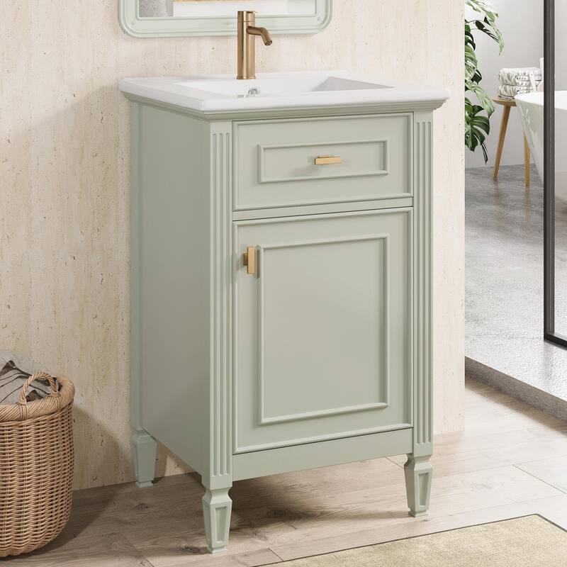 20" Bathroom Vanity, Sink with Solid Wood Legs, Adjustable Shelf, Tilt-Out Drawer - Green