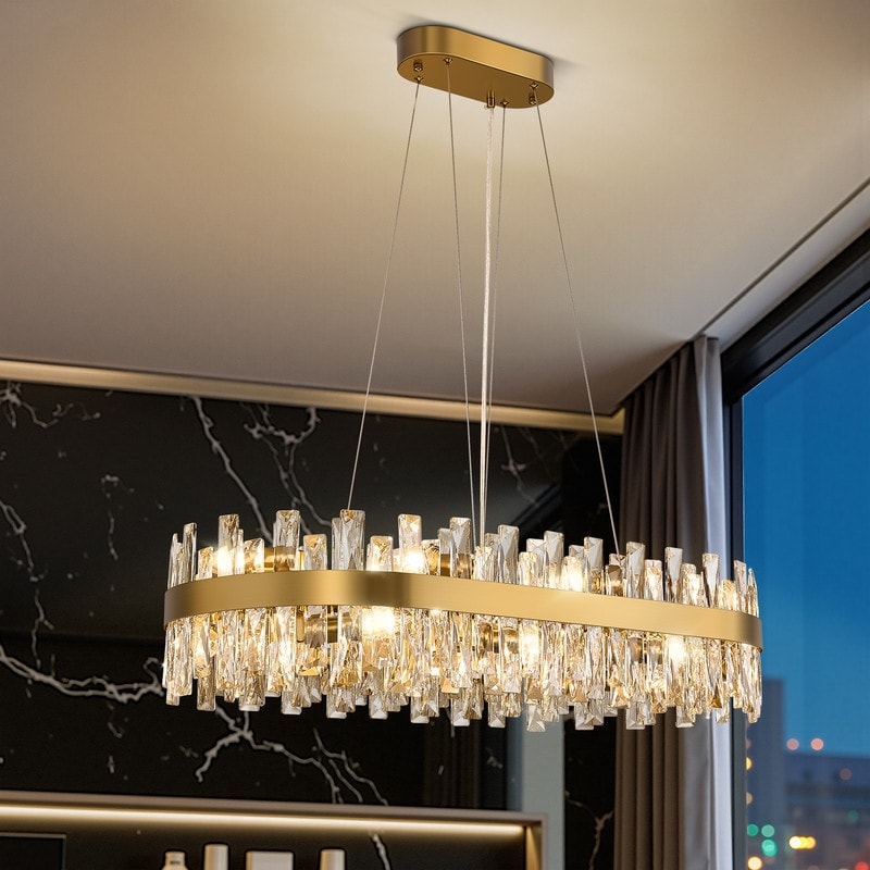 12-Lights Gold Round Crystal Chandelier, Modern Crystal Chandelier Pendant Light Fixture for Kitchen Island