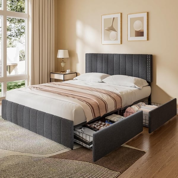 Bed frame with storage drawers pulled open