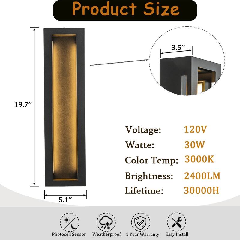 Modern Outdoor Wall Light with Dusk to Dawn Sensor Linear Matte Black Wall Sconce with Acrylic Shade for Entryway(2 Pack) - W5''