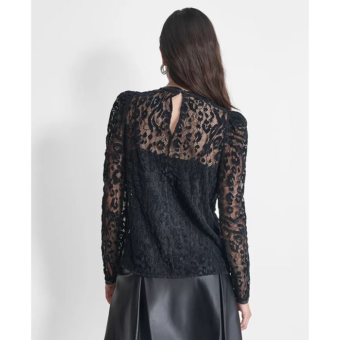 DKNY Floral Mesh Lace Long Sleeve Top
