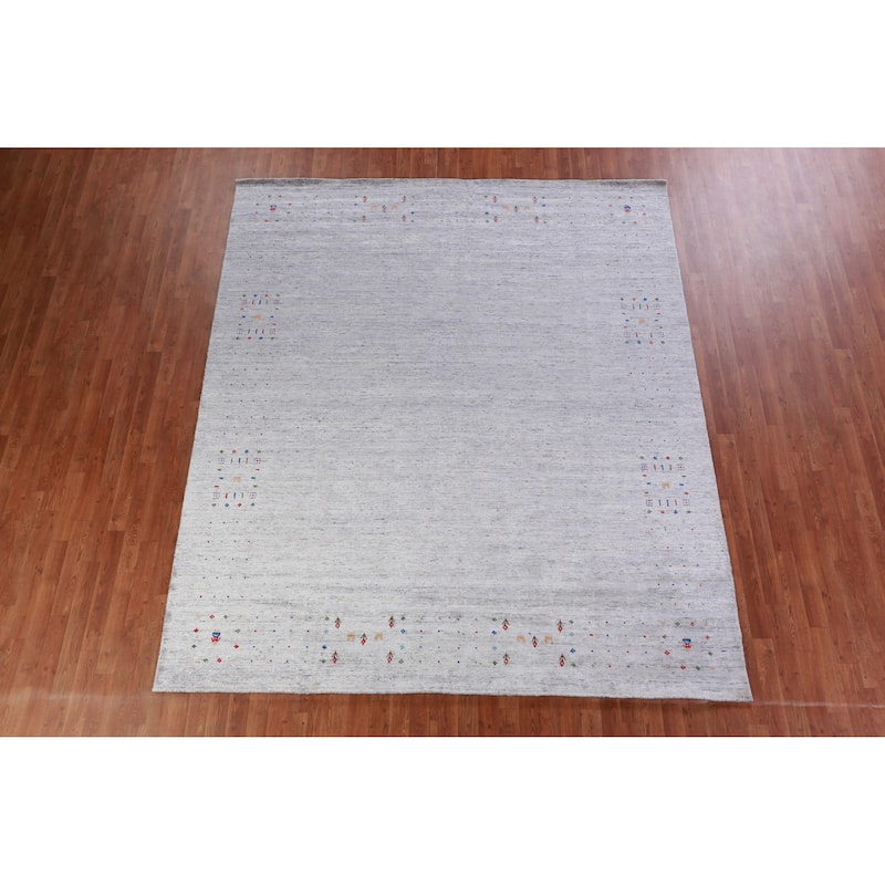 Hand Knotted Oriental Viscose Silk Carpet Tribal Stripe Greys & Charcoal Gabbeh Area Rug - 9' 8'' X 8' 2''