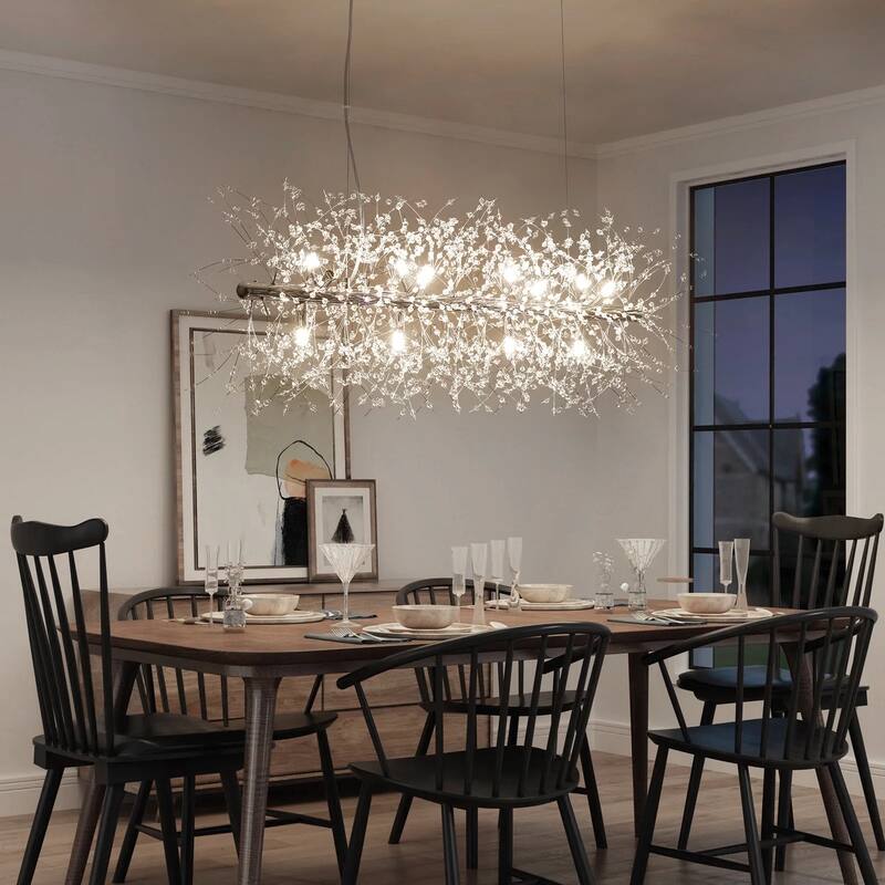 9/12-Light Linear Sputnik Crystal Beaded Pendant Light Firework Starburst Crystal Chandelier for Dining Room