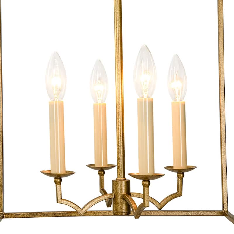 Vintage 4-Light Candle Aged Gold Iron Square Cage Pendant Lantern
