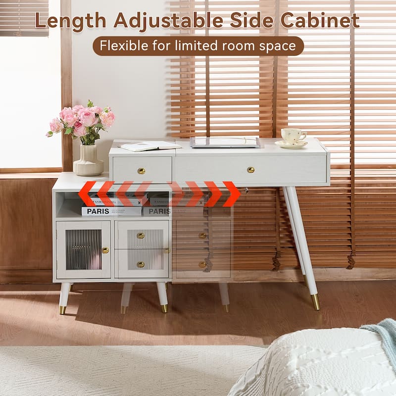 3-in-1 Vanity Desk with Lighted Flip-Top Mirror, Adjustable Side Cabinet, Makeup Table with Stool & Storage Drawers
