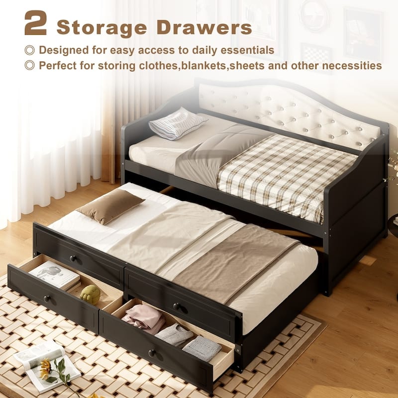 Twin Size Wooden Daybed with Trundle and 2 Drawers, Upholstered Backrest