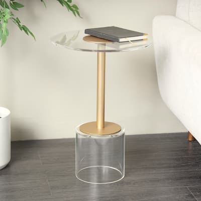 Clear Acrylic Plastic Accent Table with Elevated Base and Gold Stand