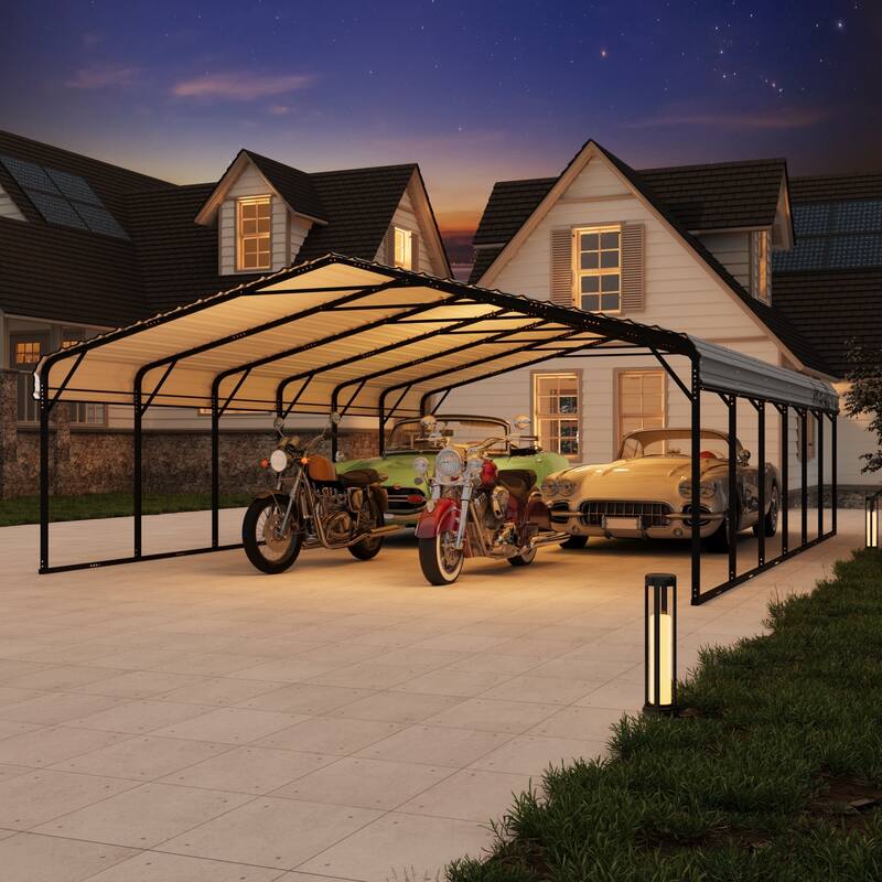 EROMMY Outdoor Carport with Galvanized Steel Roof, Heavy-Duty All-Weather Shelter for Cars, Boats and Equipment