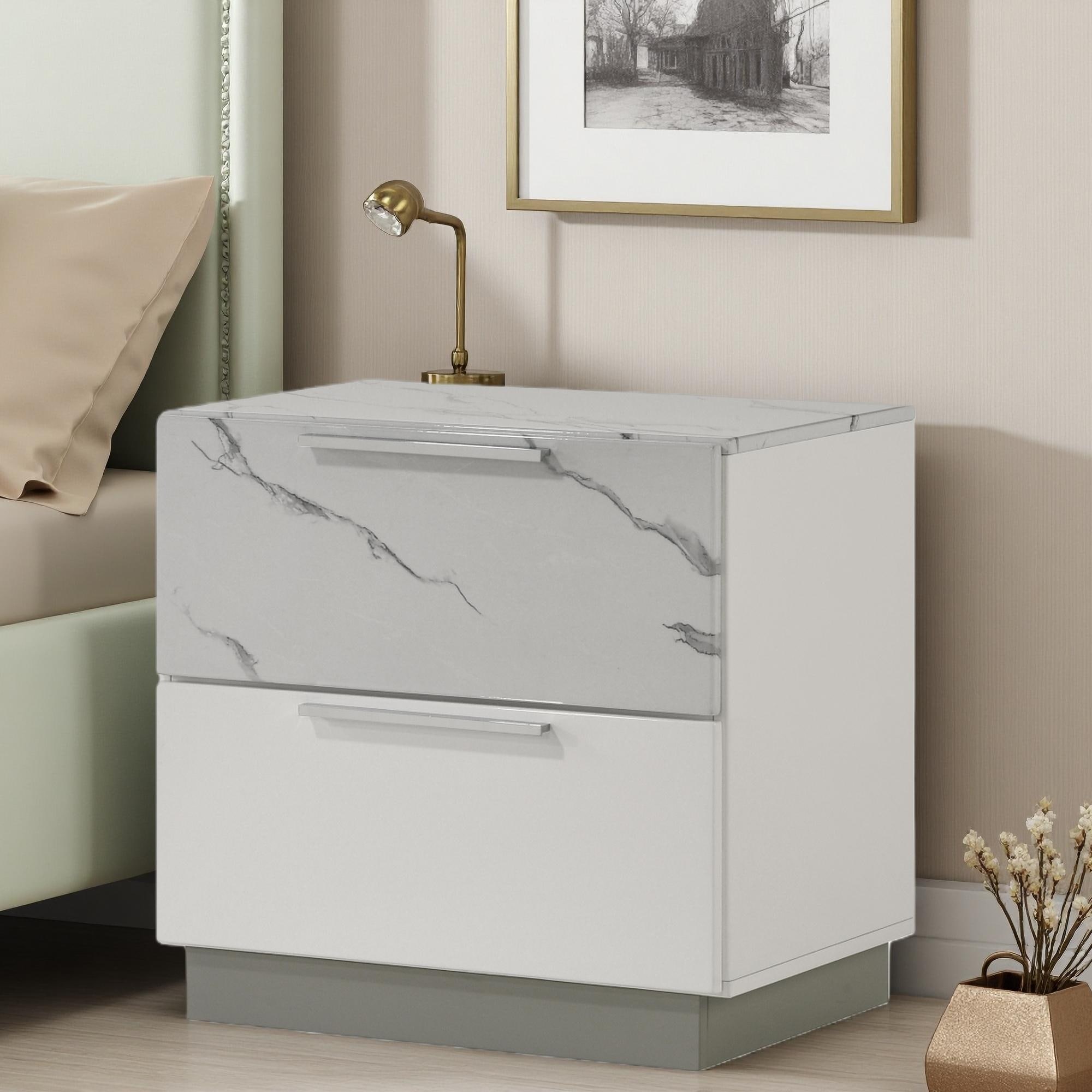 23"L Compact Two-Tone High-Gloss Marble & Lacquer 2-Drawer Nightstand with Velvet-Lined Top Drawer, Modern Elegant Design