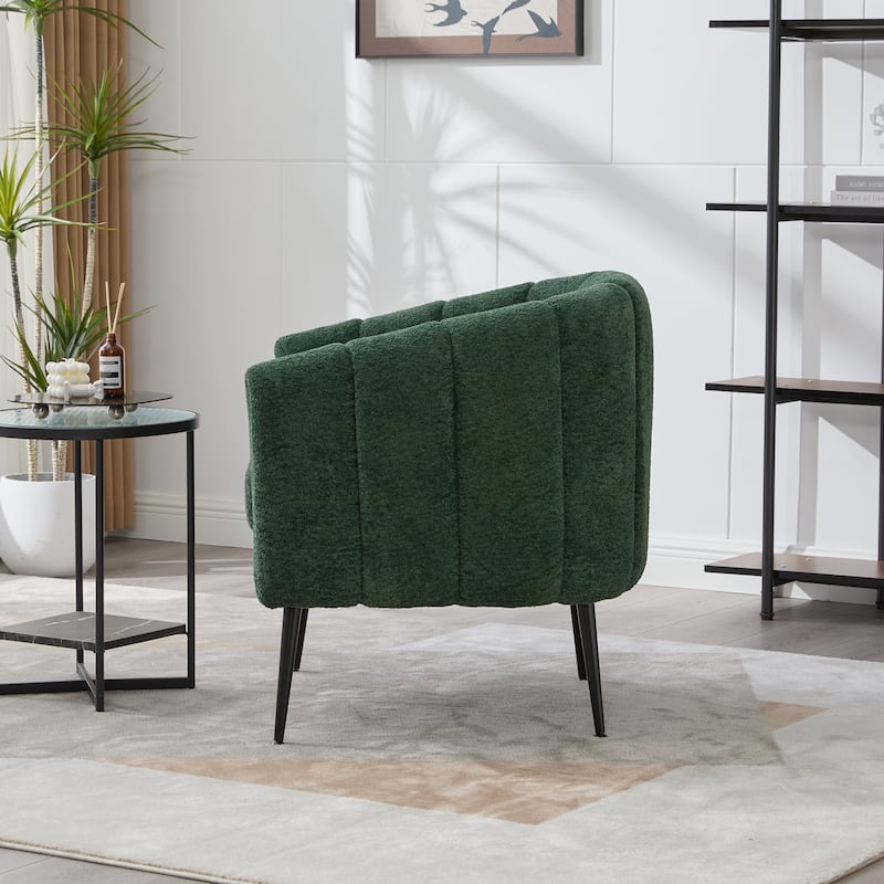 Chenille Upholstered Barrel Accent Chair, Channel Tufted Lounge Armchair, Round Reading Chair with Curved Backrest & Metal Legs