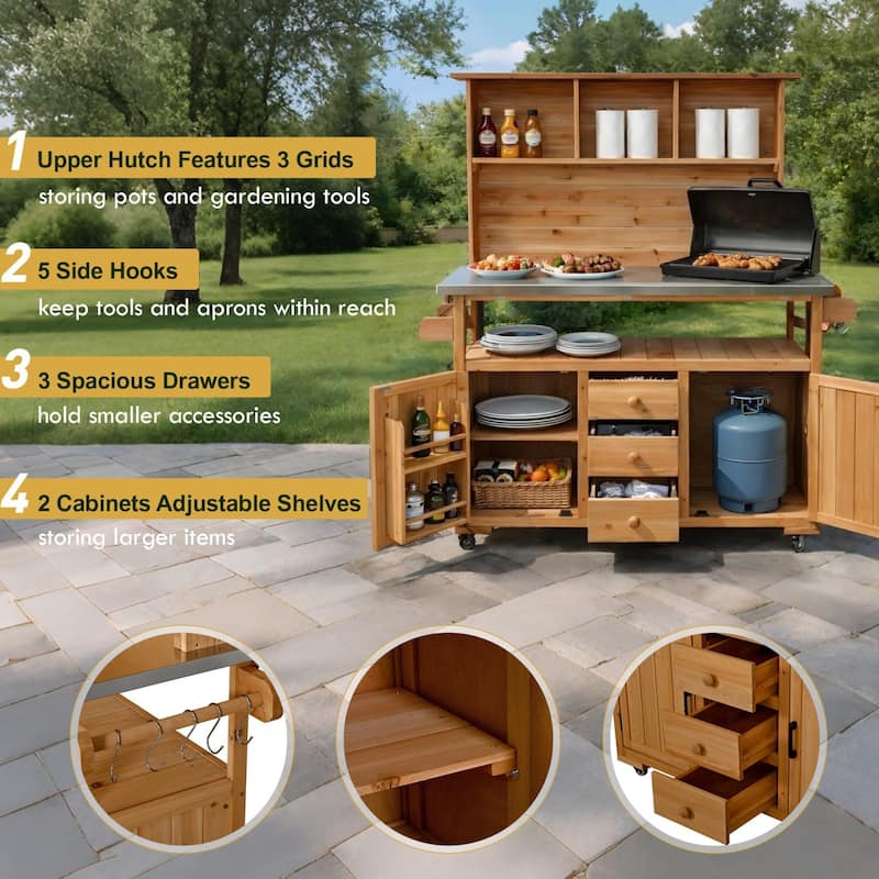 65''H Outdoor Potting Bench Garden Storage Table w/Lockable Wheels, Drawers, Cabinets & Side Hooks - N/A