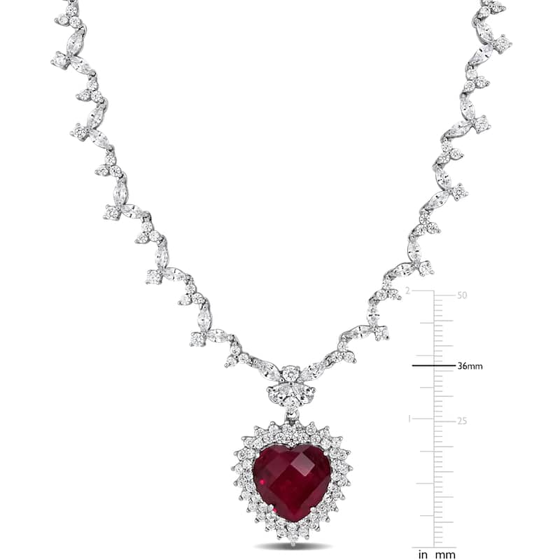 Miadora Sterling Silver 47ct TGW Red and White Cubic Zirconia Heart Halo Station Necklace - 18 inch x 24 mm x 10 mm