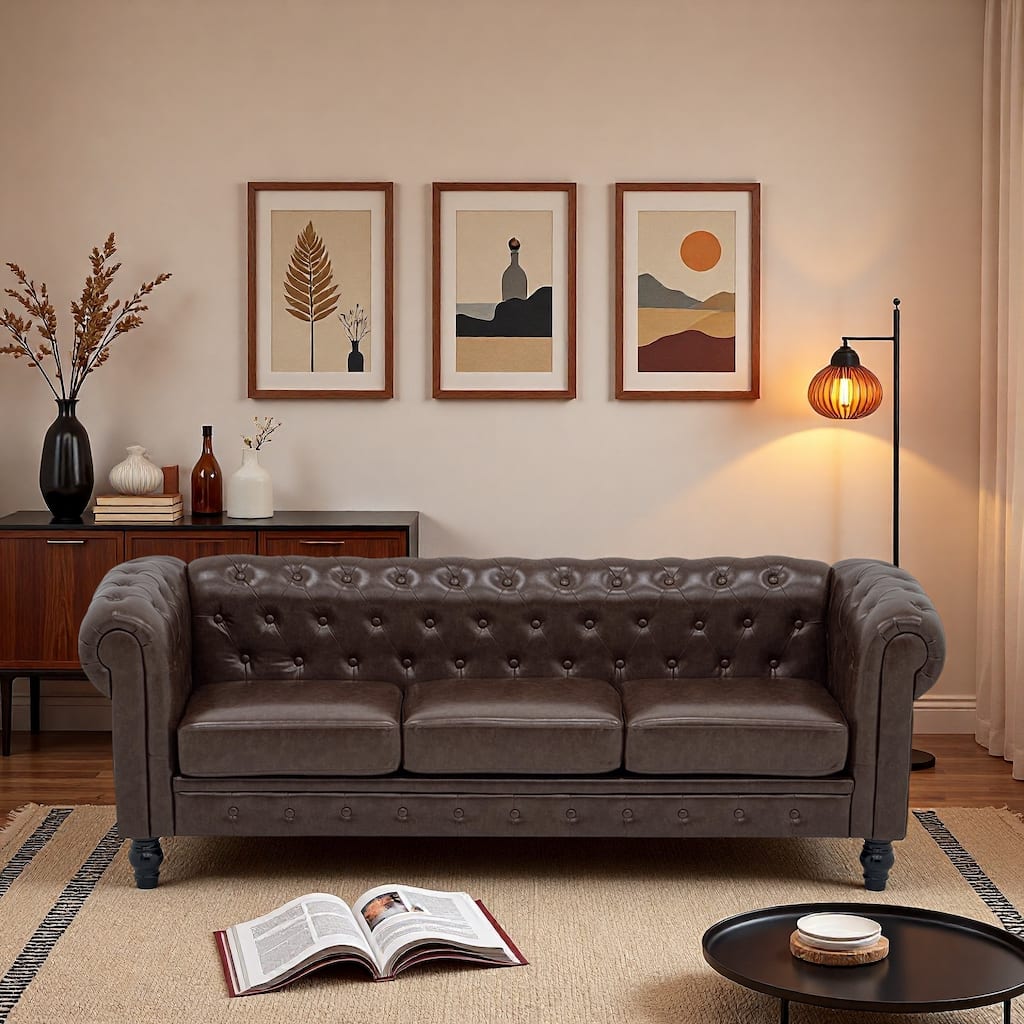 Roomfitters Chesterfield 3 Seater Sofa with Deep Button Tufting and Rolled Arms, Classic Upholstered Couch for Home, Brown