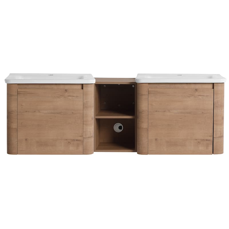 Wall-Mounted Bathroom Vanity with Ceramic Sink and Storage Shelves
