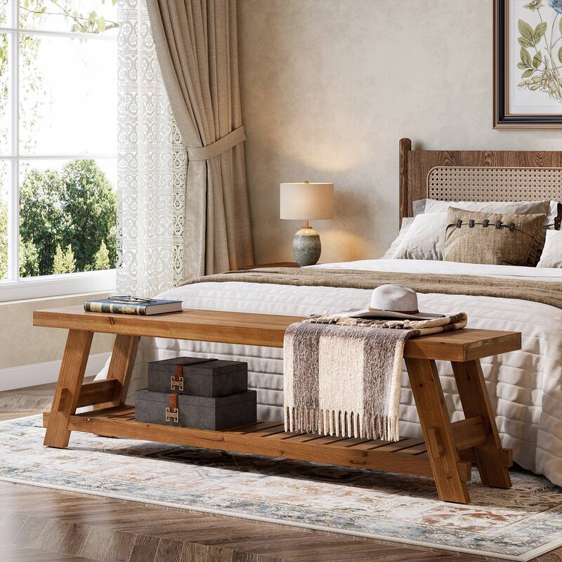 2 Tier Solid Wood Shoe Rack Bench for Entryway, 63 Inch Long Narrow Entryway Bench with Storage Shelf