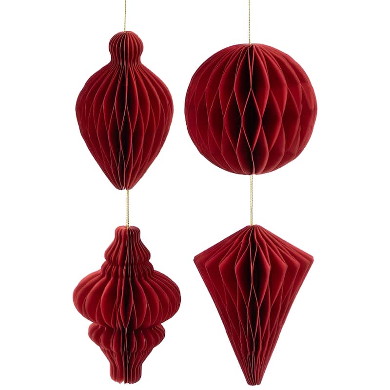 Foldable Honeycomb Paper Christmas Finial Ornaments - 4" - Red - Set of 4