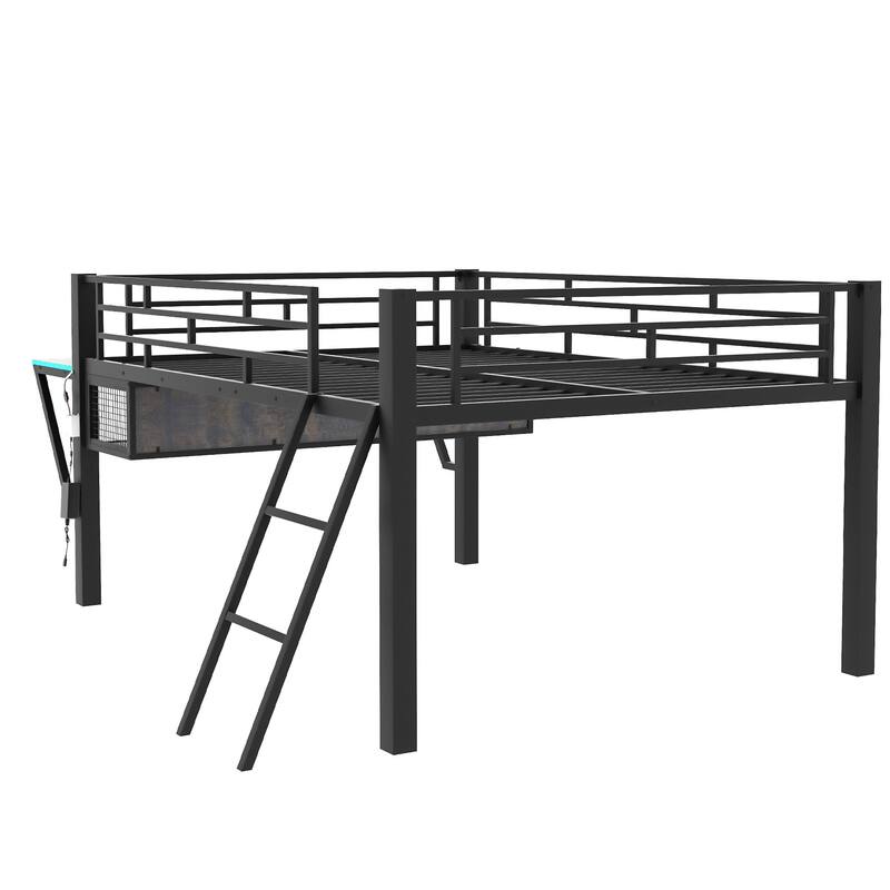 Full Black Gaming Loft Bed with LED Desk and Storage