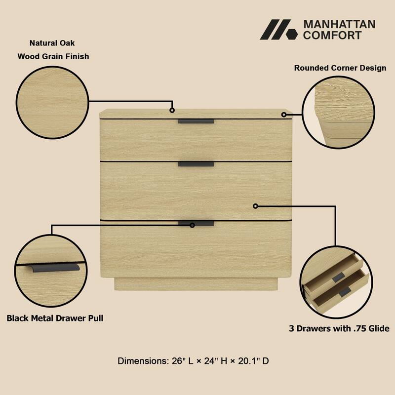 Natural Oak 3-Drawer Nightstand with Glam Metal Drawer Handles