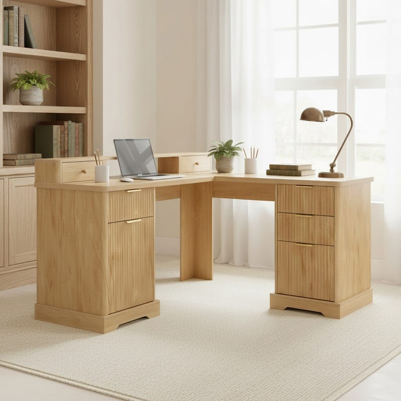 Roomfitters 59" Modern Fluted L-Shaped Desk with Charging Station, Monitor Stand & File Drawer