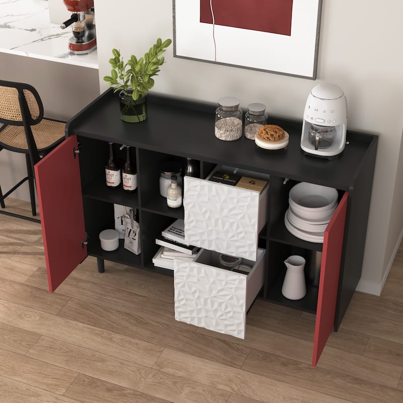 Sideboard Cabinet with Doors & 2 Drawers, Freestanding Coffee Bar Cabinet, Accent Cabinet with 2 Open Storage Compartment