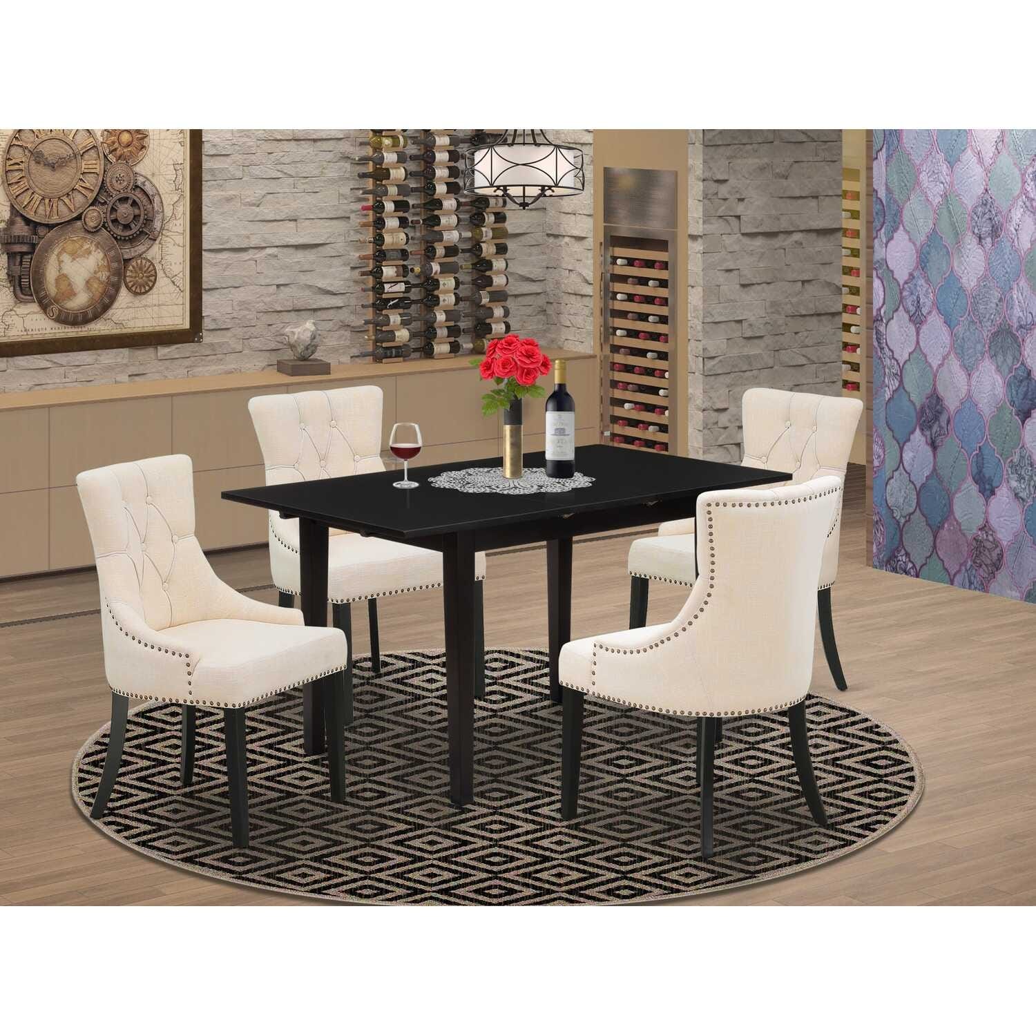 HomeStock 5-Pc Black Finish Solid Wood Top - Rectangular Button Tufted Dining Room Set with Butterfly Leaf - Seats 4