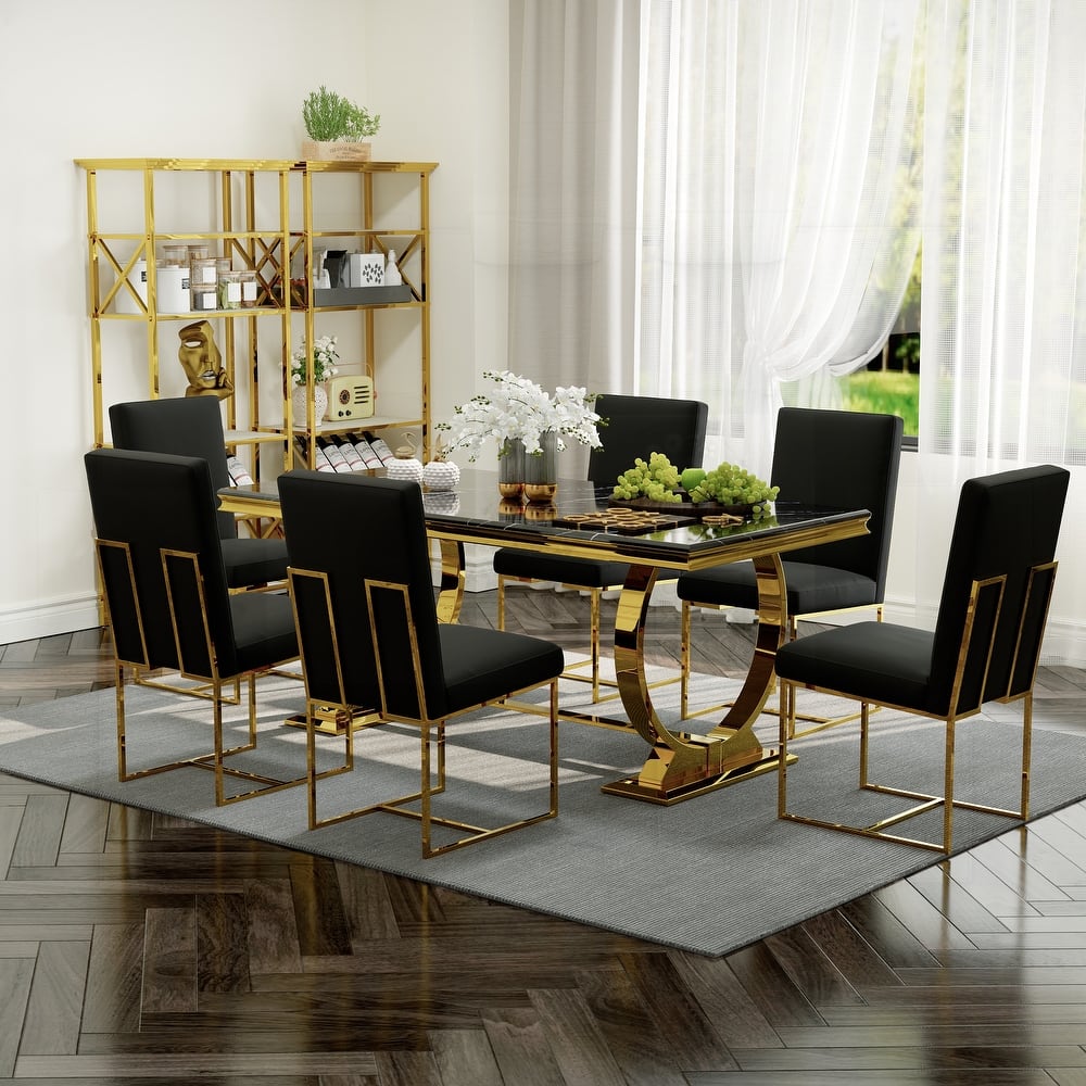 White and Gold Dining Room Table Set with 72 inch Table and White PU Leather Dining Chairs