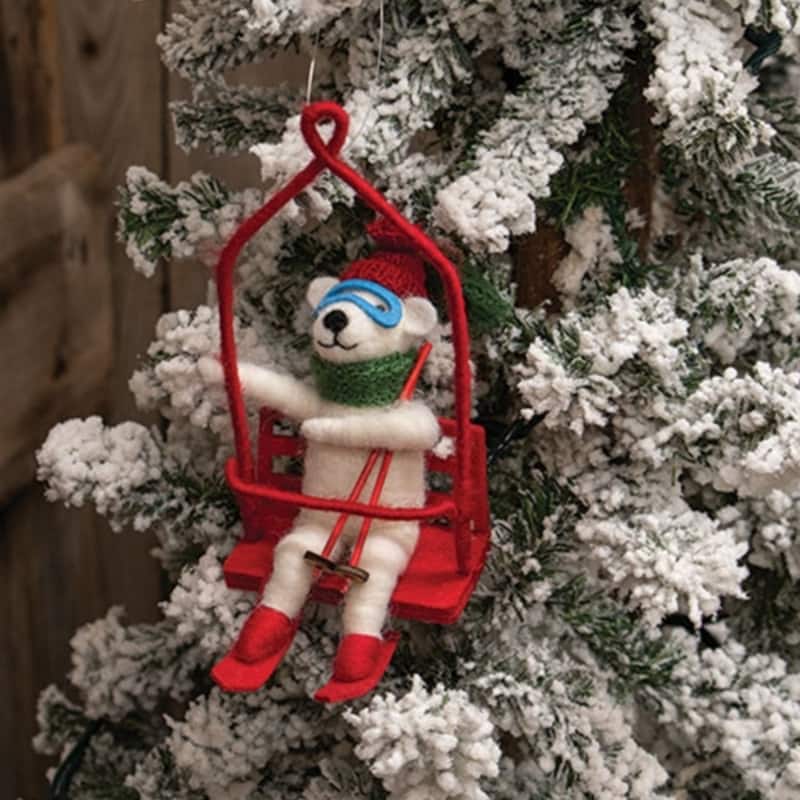 Ski Lift Polar Bear Felted Ornament for Christmas Tree Decor - 7" H x 3.25" W x 4.5" D