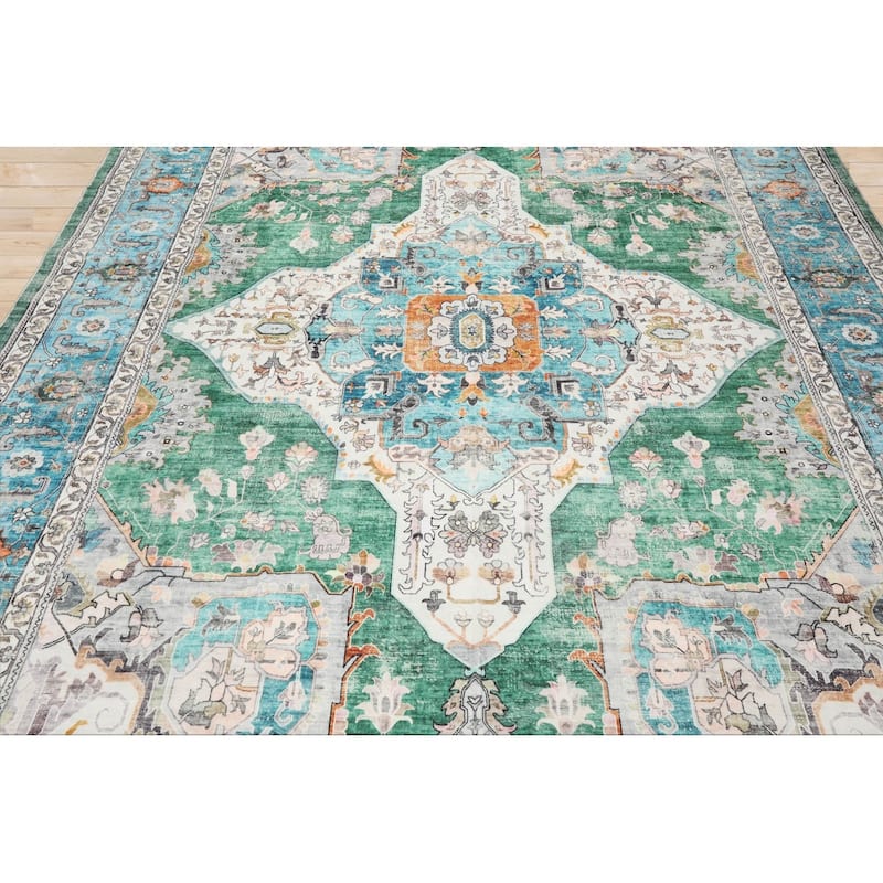 LoomBloom Washable Polyester Area Rug Green Arts & Crafts Machine Made