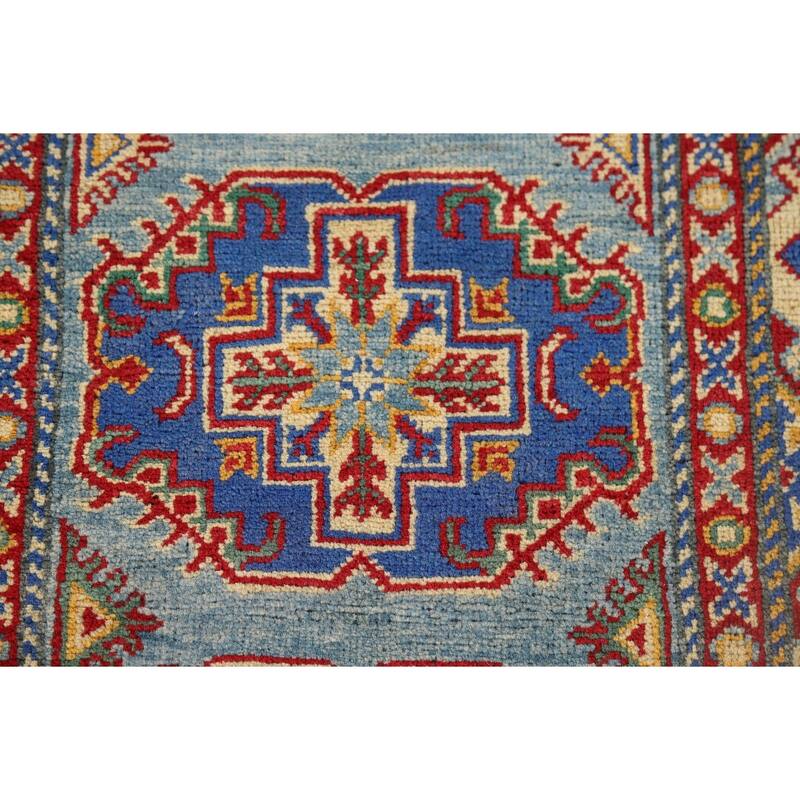 Light Blue Kazak Oriental Runner Rug Hand-Knotted Wool Carpet - 2'7" x 12'9"