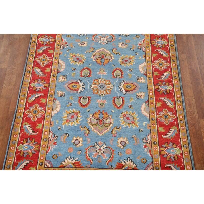 Light Blue Floral Kazak Oriental Area Rug Hand-Knotted Wool Carpet - 4'1"x 6'0"