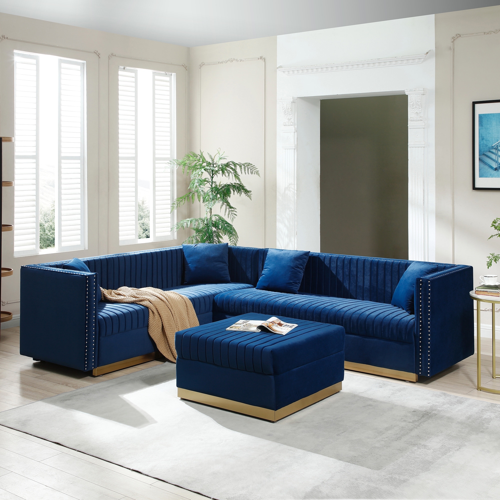 Blue sectional with best sale recliner