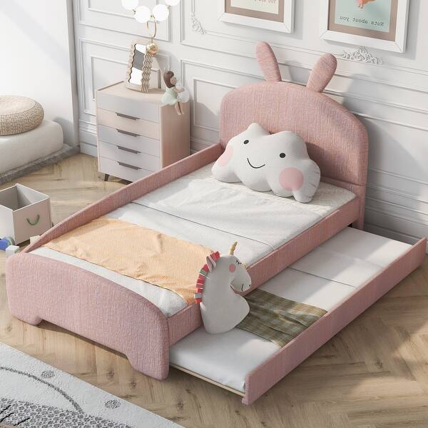slide 2 of 8, Pink+Trundle Chenille Upholstered Twin Platform Bed, Cartoon Ears Headboard, Guardrail