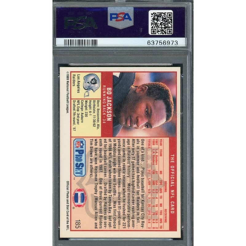 Bo Jackson 1989 Pro Set Football Card #185 Graded PSA 10 - 8'6" x 11'6"