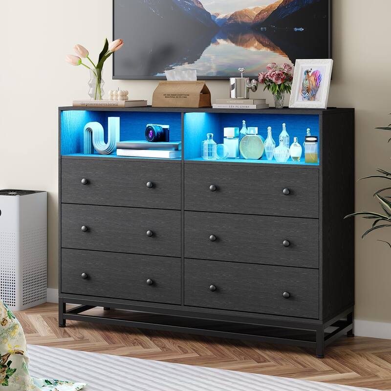 6-Drawer Double Dresser for Bedroom, Wooden TV Stand with LED Lights & Power Outlet, Storage Cabinet for Closet
