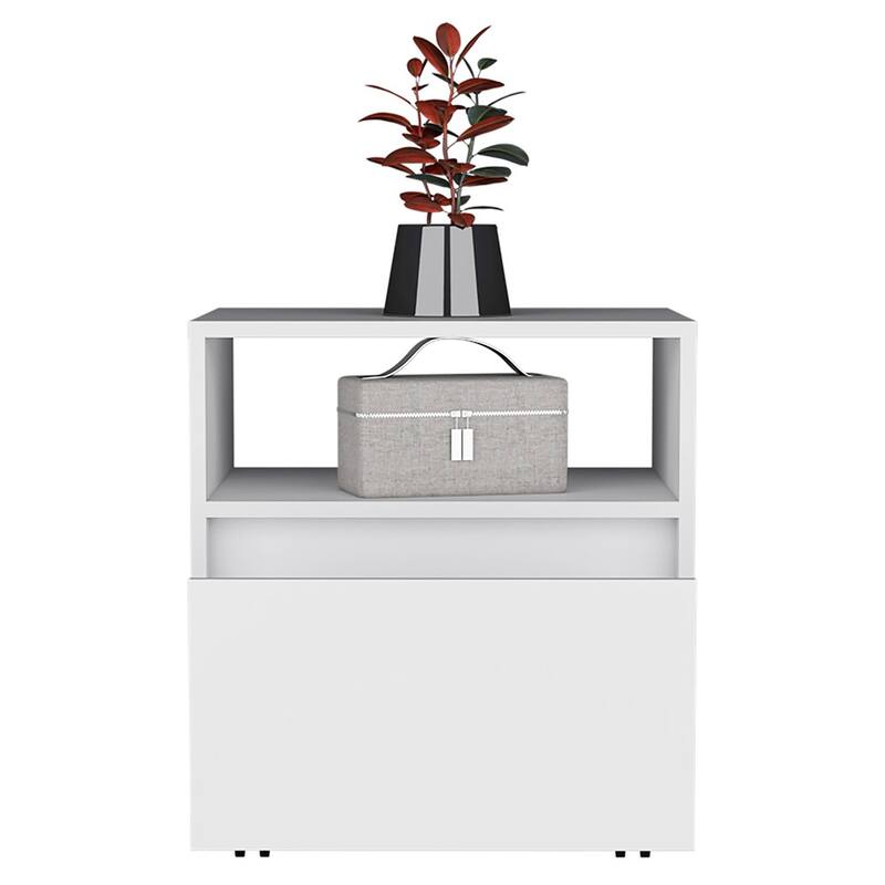 Compact White Nightstand with Handle-Free Drawer and Divided Shelf - 20.4" Height