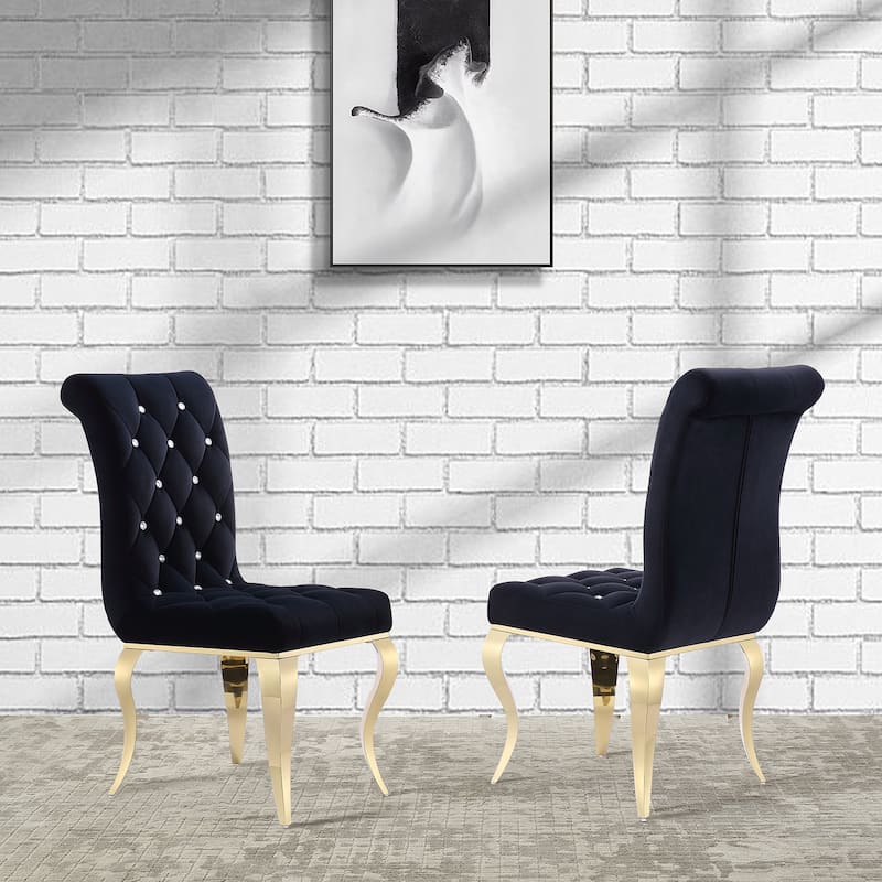 Black Velvet Dining Chairs with Polished Gold Legs - Short - Black - Set of 2