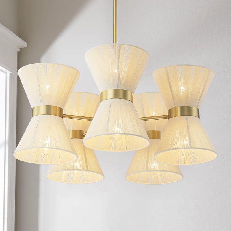 10-Light Farmhouse Boho Sputnik Hourglass Ivory Rope Handwoven Fabric Chandelier for Dining Room - Brushed Gold