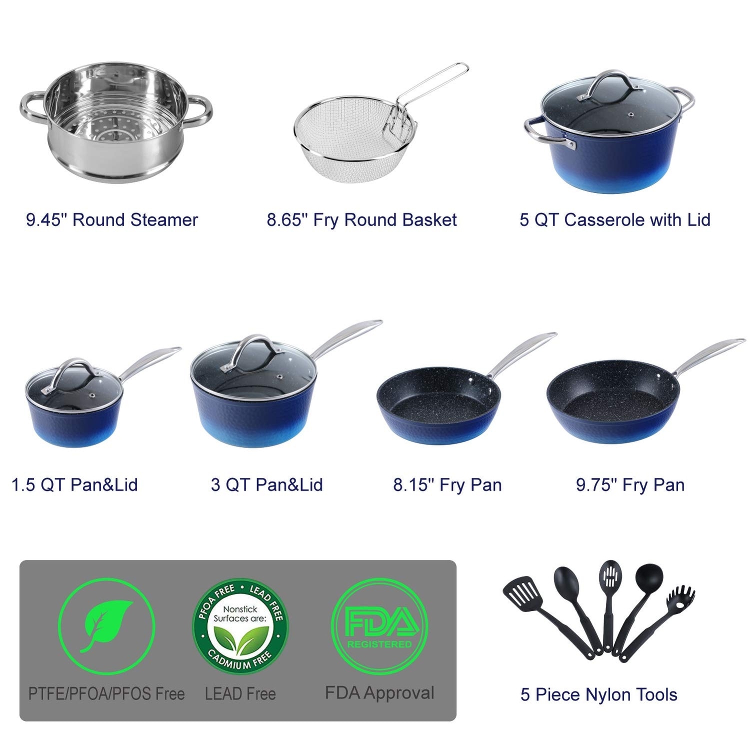  Kitchen Academy Induction Cookware Sets - 15 Pcs Black Hammered Cooking  Pans Set, Healthy Granite Nonstick Pots and Pans Set: Home & Kitchen