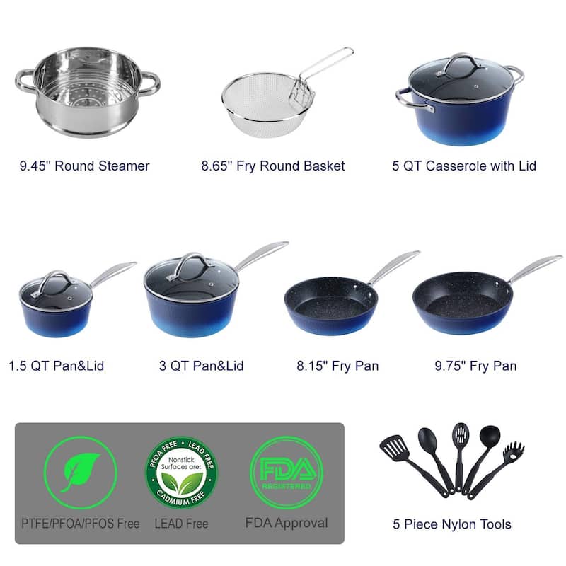Kitchen Academy 15-piece Nonstick Granite-coated Cookware Set