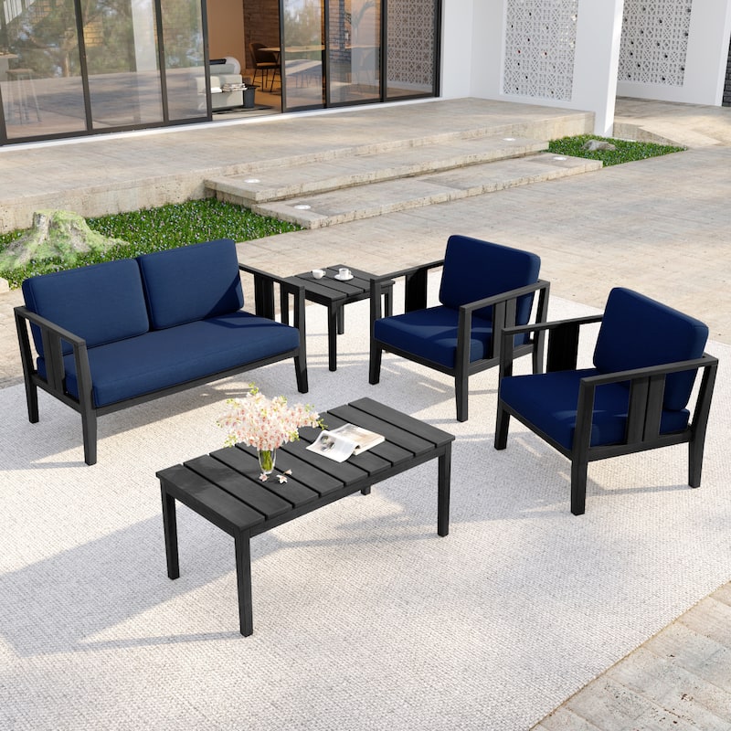 5-Piece Casual Outdoor Patio Furniture Set In Solid Teak Wood - Dark Wood - Navy