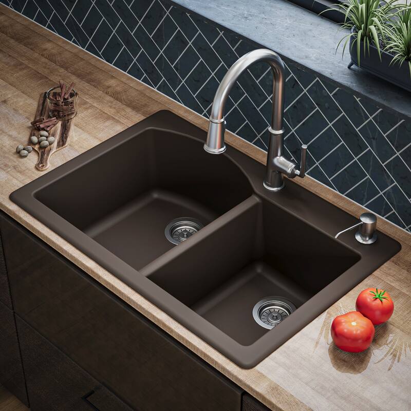 Karran Drop-In Quartz 33 in. 1-Hole 60/40 Double Bowl Kitchen Sink Kit