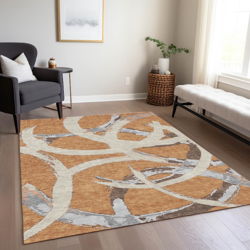 Machine Washable Indoor/ Outdoor Abstract Contemporary Chantille Rug